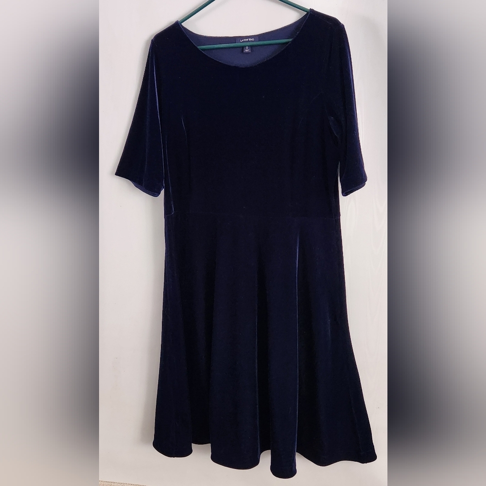 Lands' End Deep Blue Velour Scoop Neck Midi Dress Size XL